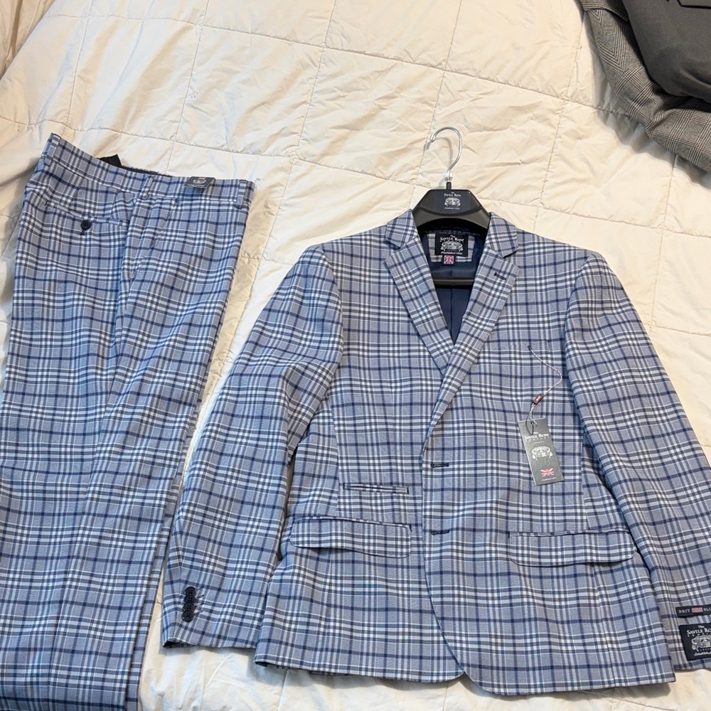 Men's Blue Plaid Blazer slim and Pants Set
